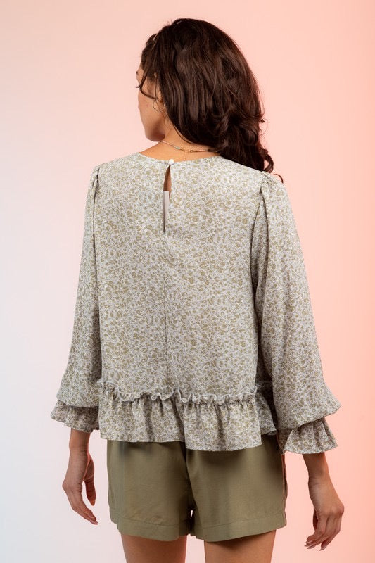 Floral Long Sleeve Ruffle Blouse