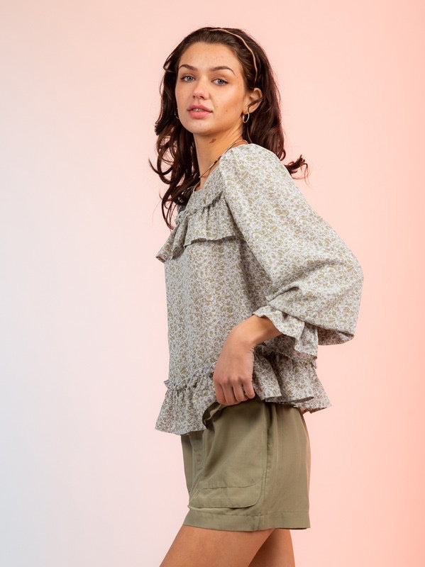Floral Long Sleeve Ruffle Blouse