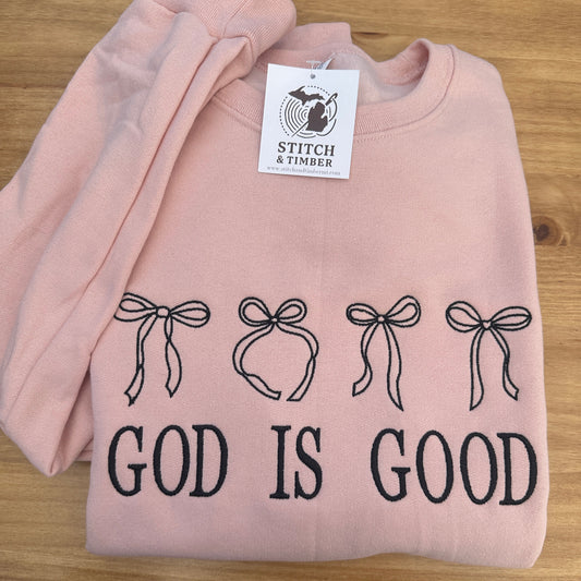 God is Good Bows Embroidered Crew