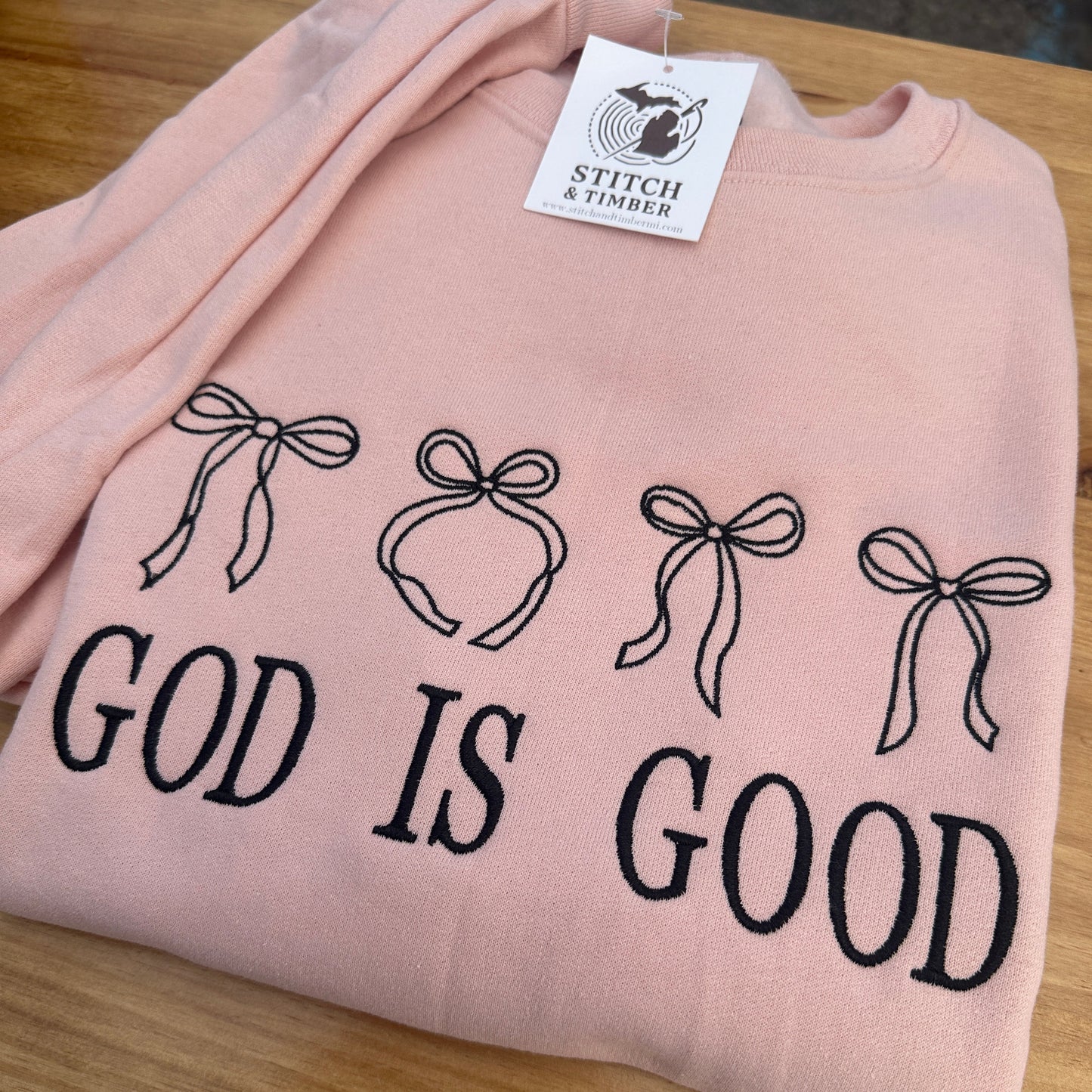 God is Good Bows Embroidered Crew